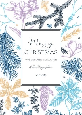 Merry Christmas card design in color. Winter wedding invitation template. Conifer trees, winter flowers sketches. Hand drawn floral illustration. NOT AI generated